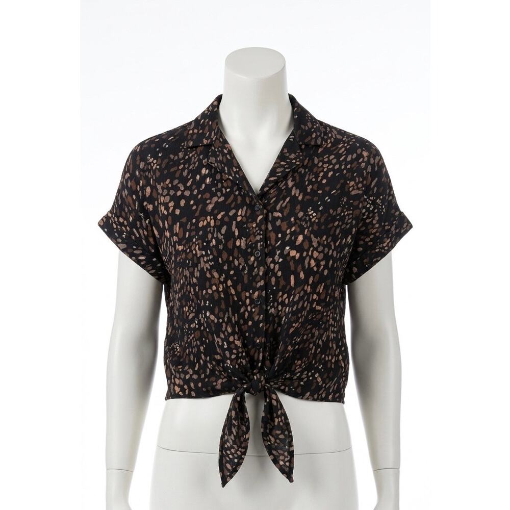 BeachLunchLounge Animal Print Tie Front Rayon Button Down Crop Top Shirt XS